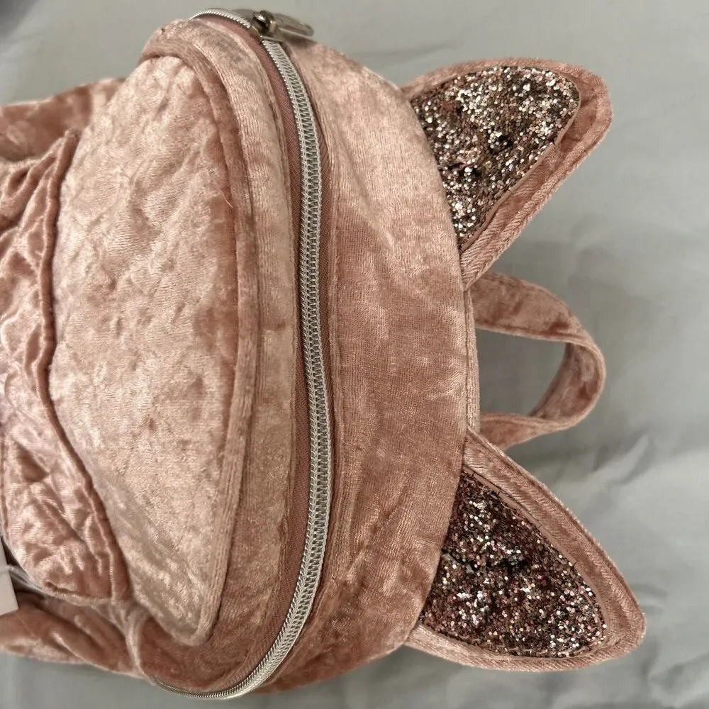 JUSTICE MINI BACKPACK KITTY CAT SHIMMERING GLITTER EARS ROSE VELOUR SUPER CUTE
